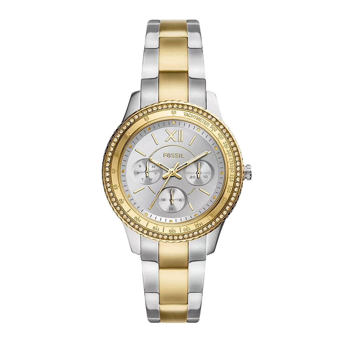 Reloj Fossil dorado y plateado modelo ES5107 en acero inoxidable para mujer, elegante y multifuncional.