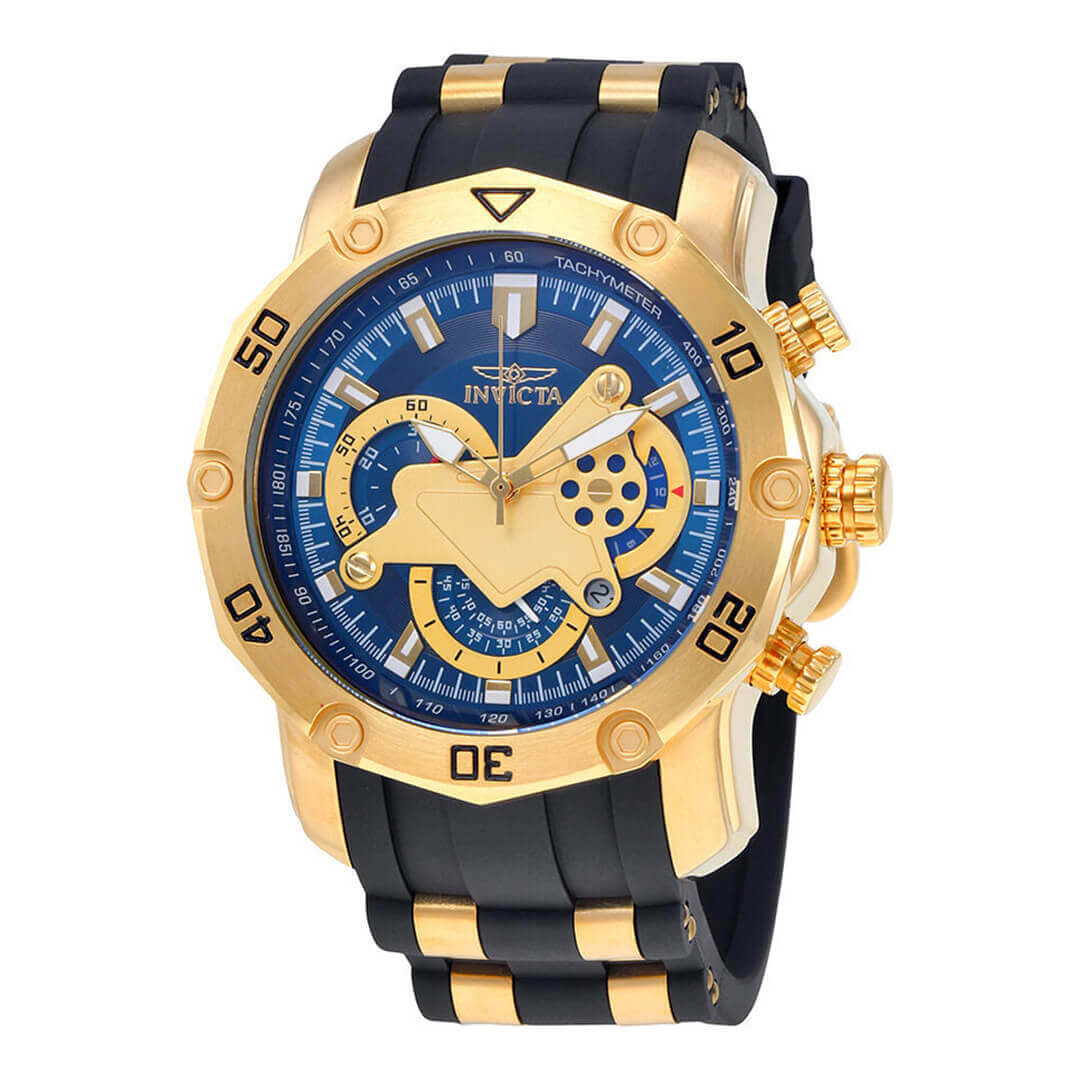 Reloj Invicta PRO Diver Scuba 23426 con caja en tono dorado, esfera azul y correa de silicona negra, resistente al agua hasta 100m.