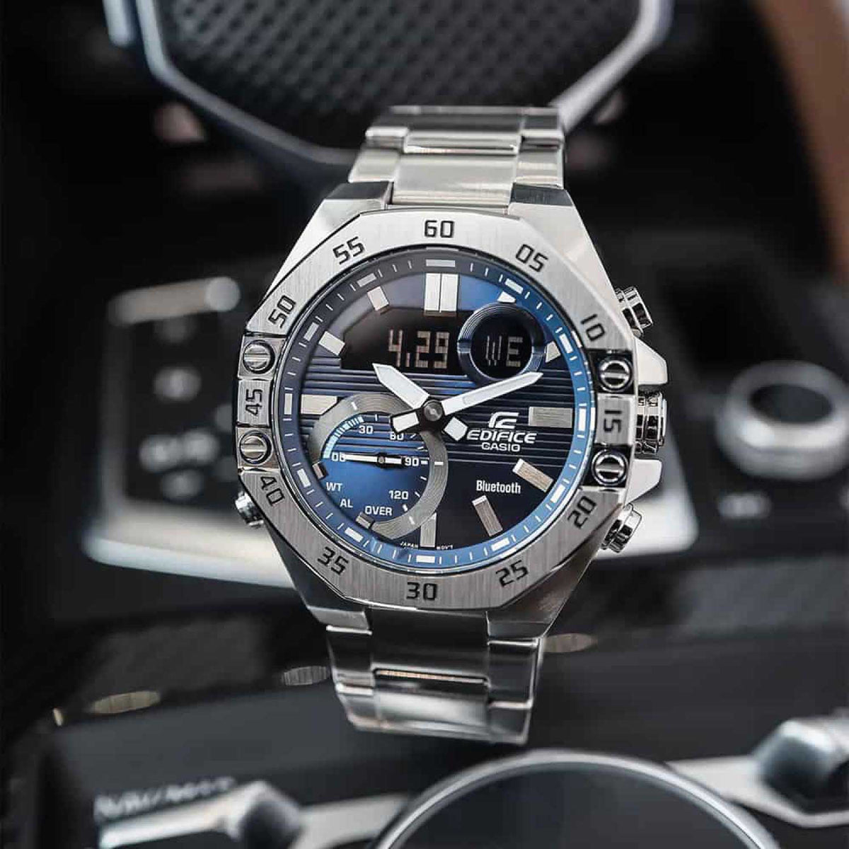 RELOJ CASIO PLATEADO CON AZUL ECB-10D-2A EDF-4