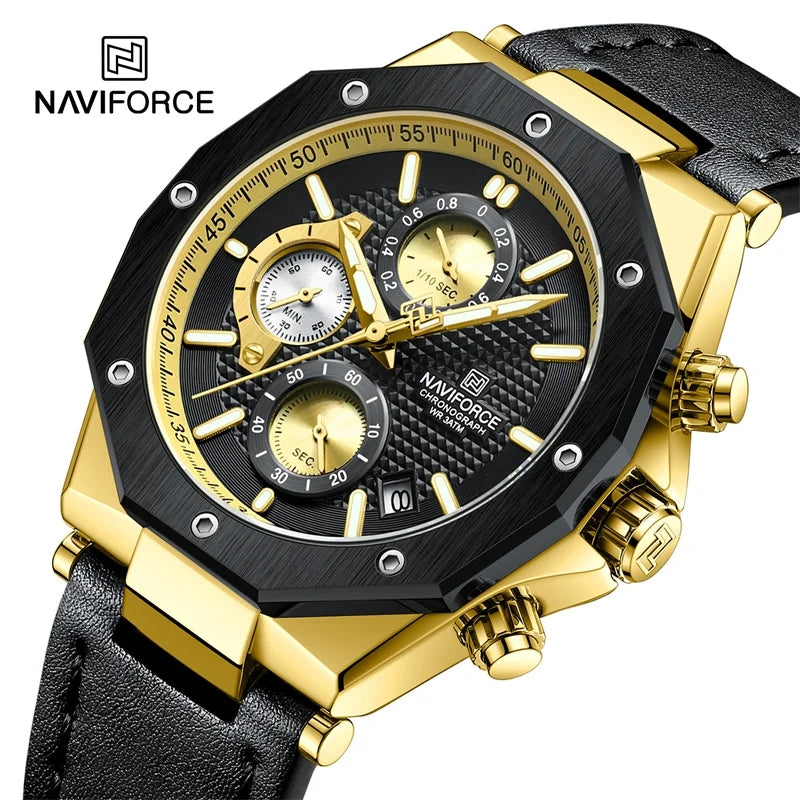 RELOJ NAVIFORCE CUERO NEGRO DORADO NAV-105