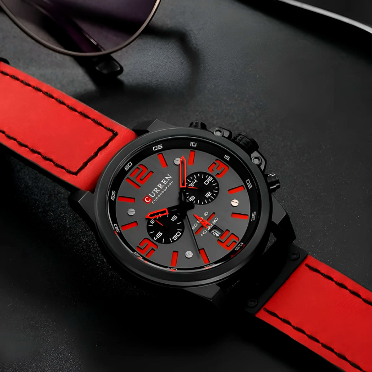 RELOJ CURREN ACERO Y CUERO ROJO CUR-15