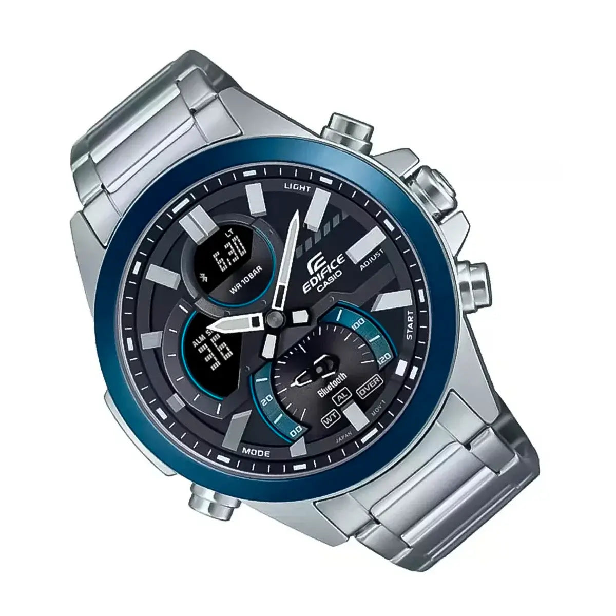 Reloj Casio Plateado-Negro ECB-30DB-1A-DF con correa de acero inoxidable y diseño moderno, garantía de 1 año.