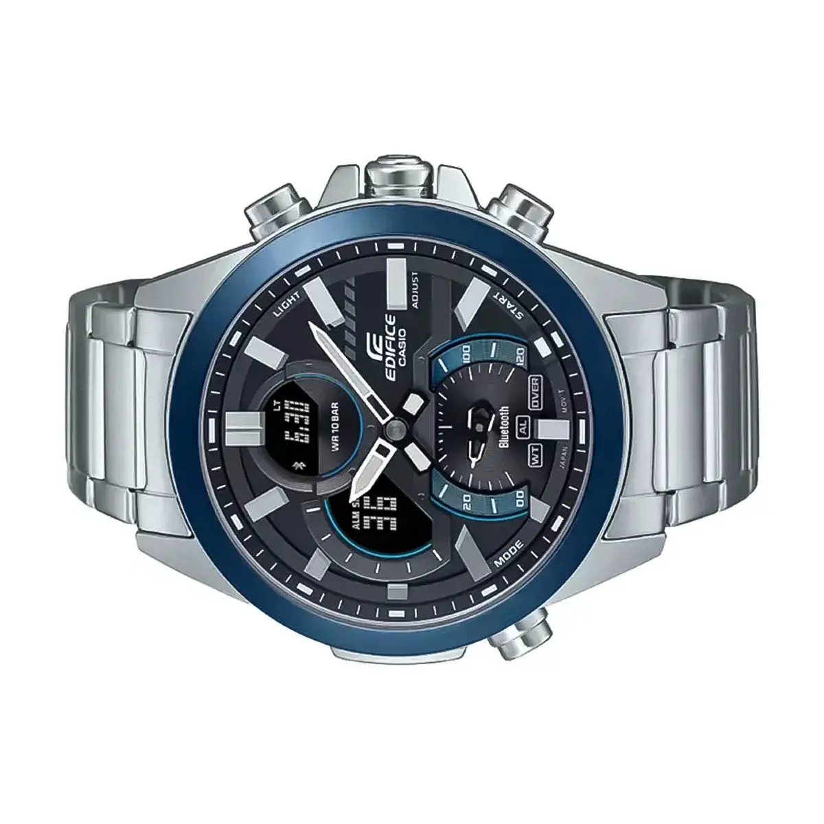 Reloj Casio plateado-negro ECB-30DB-1A-DF con correa de acero inoxidable, estiloso y original.