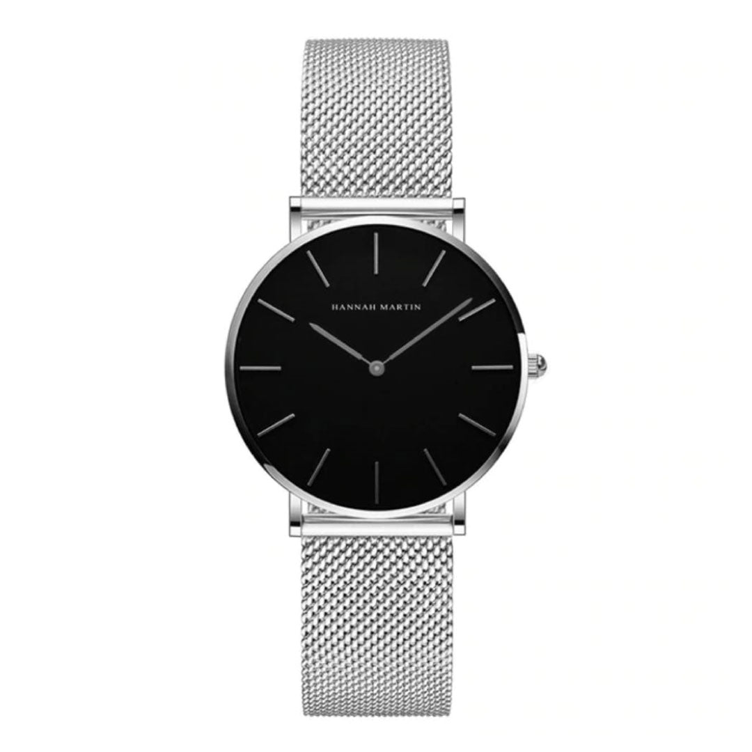 RELOJ HANNAH MARTIN MALLA PLATEADO FONDO NEGRO HAN-M-7