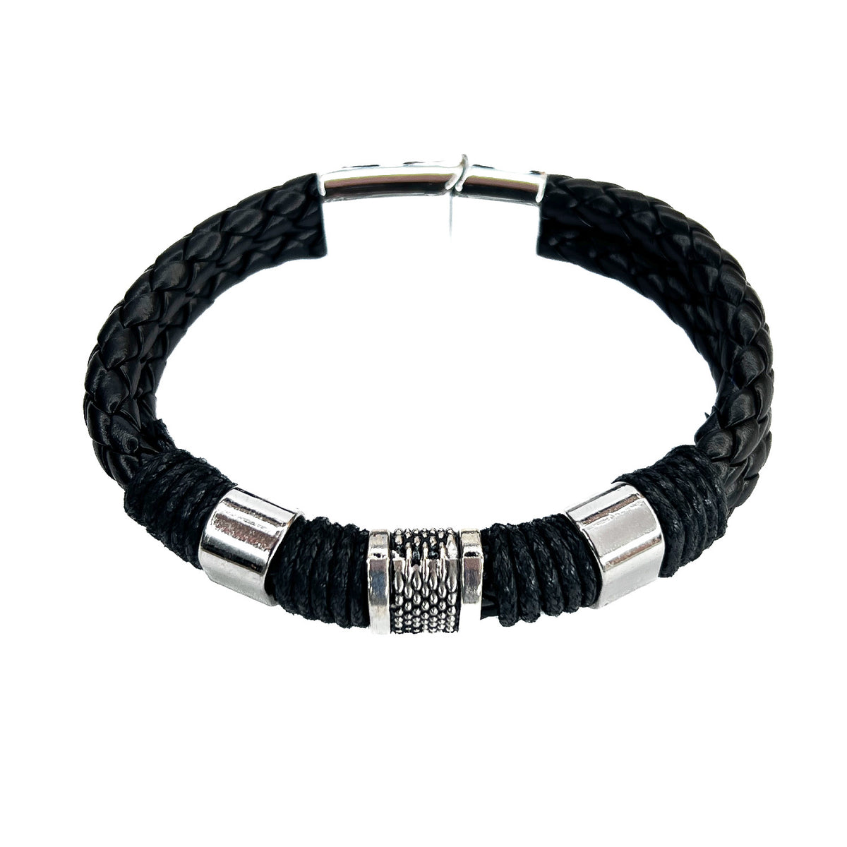 PULSERA CUERO METALICO PLATA JOY-4