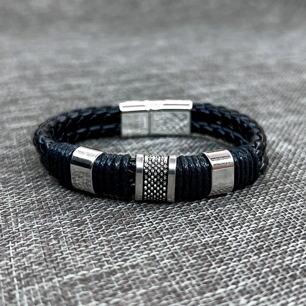Pulsera Negra JOY-4 Hombre Cuero y Acero