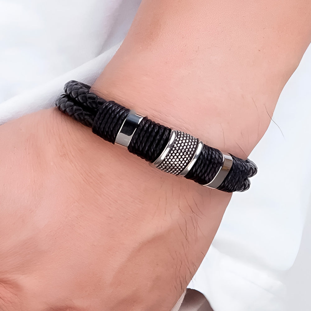 Pulsera Negra JOY-4 Hombre Cuero y Acero