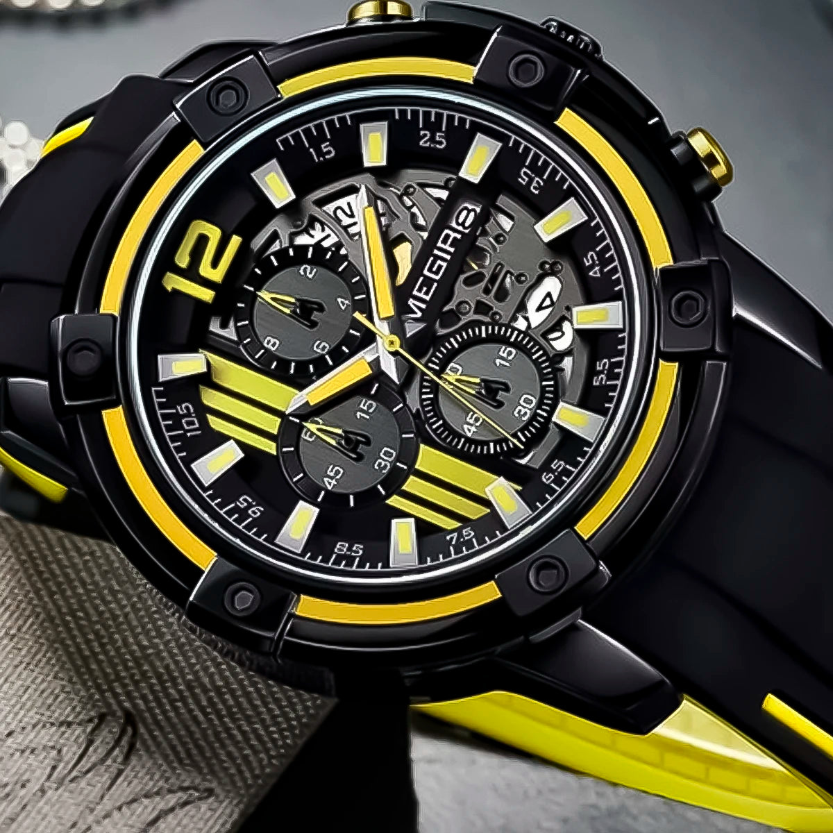 RELOJ MEGIR SILICONA NEGRO AMARILLO MEG-5