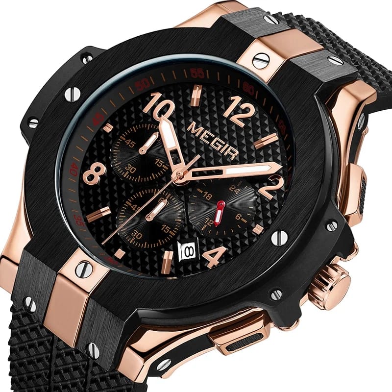 RELOJ MEGIR SILICONA NEGRO ORO ROSA MEG-62