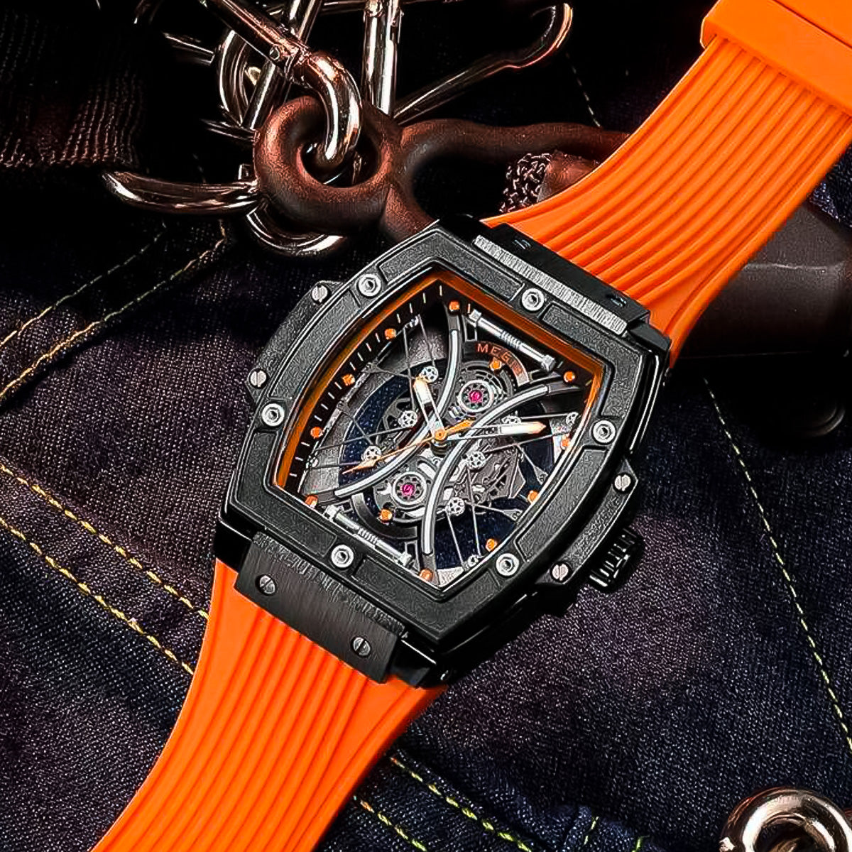 Reloj Megir Hombre Esqueletico Naranja | MEG-72
