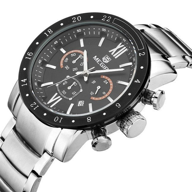 RELOJ MEGIR ACERO PLATA NEGRO MEG-80