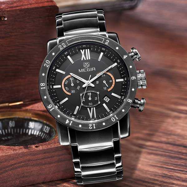 RELOJ MEGIR ACERO NEGRO MEG-79