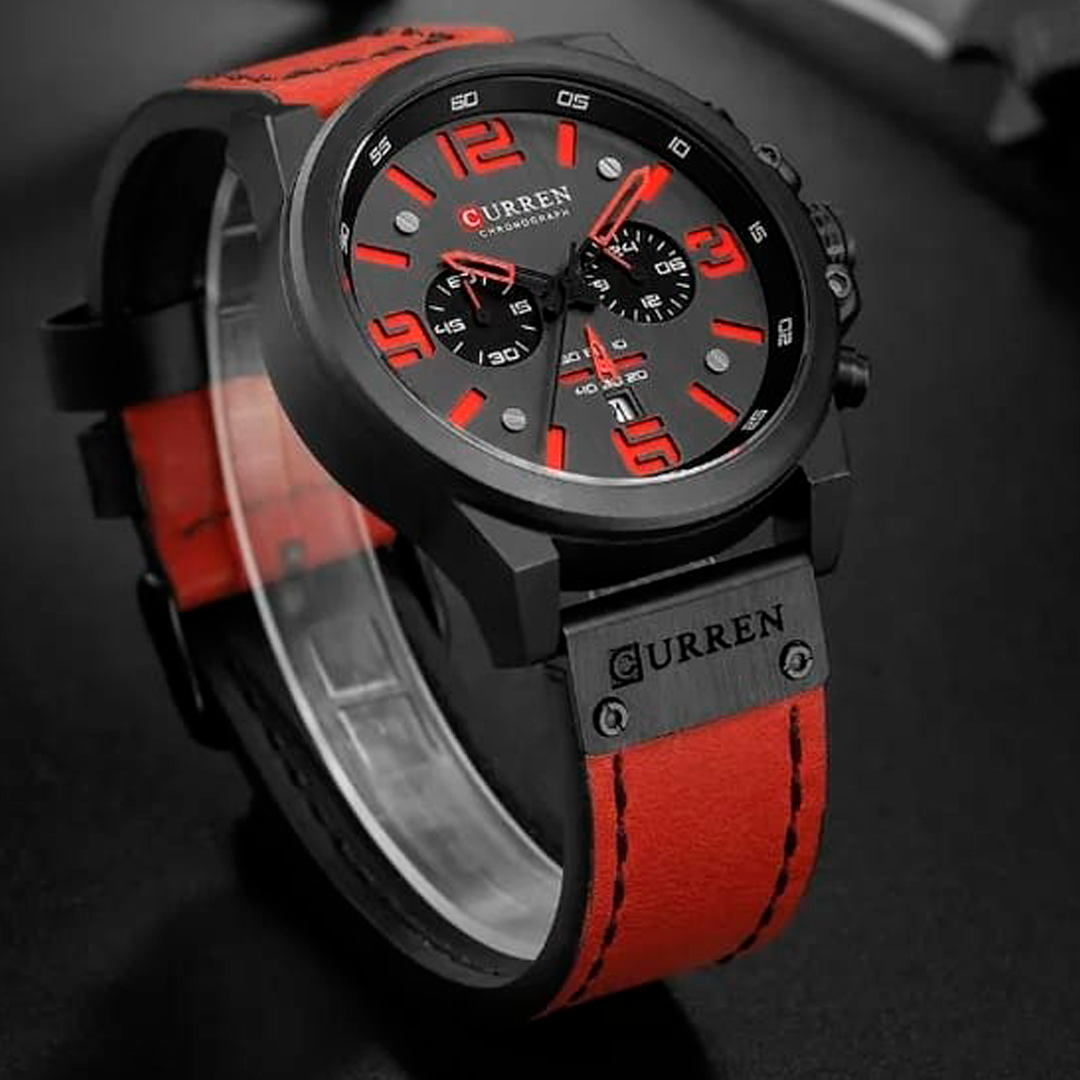 RELOJ CURREN ACERO Y CUERO ROJO CUR-15