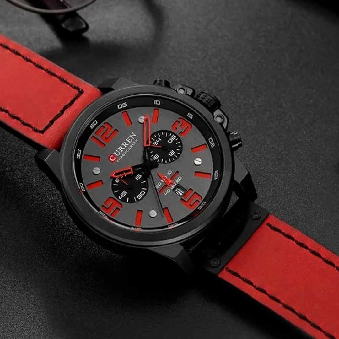 RELOJ CURREN ACERO Y CUERO ROJO CUR-15