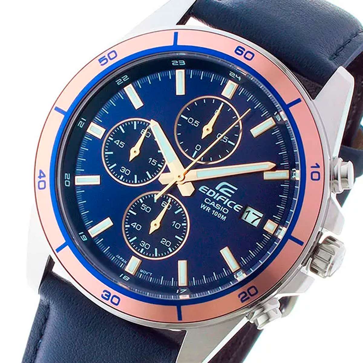 Reloj Casio Edifice EFR-526L-2AV, plateado-azul, correa de cuero, cronógrafo, original y elegante para hombres.