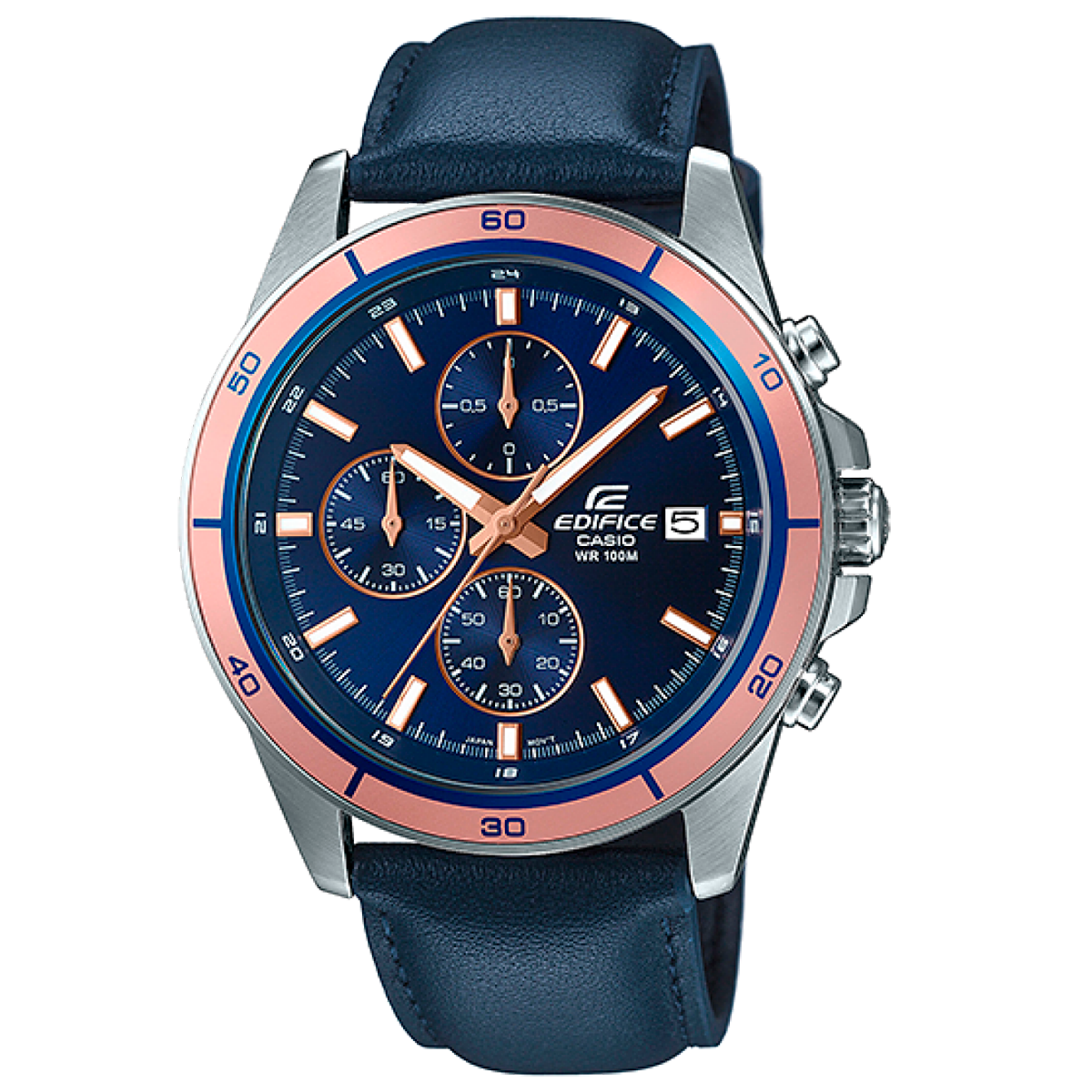 Reloj Casio Edifice Plateado-Azul, modelo EFR-526L-2AV, correa de cuero, diseño moderno y elegante.