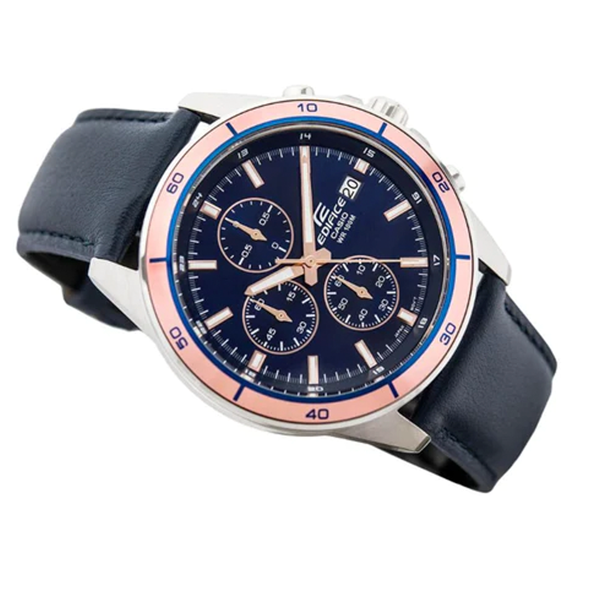 Reloj Casio Plateado-Azul EFR-526L-2AV con correa de cuero, diseño moderno y elegante para hombres.