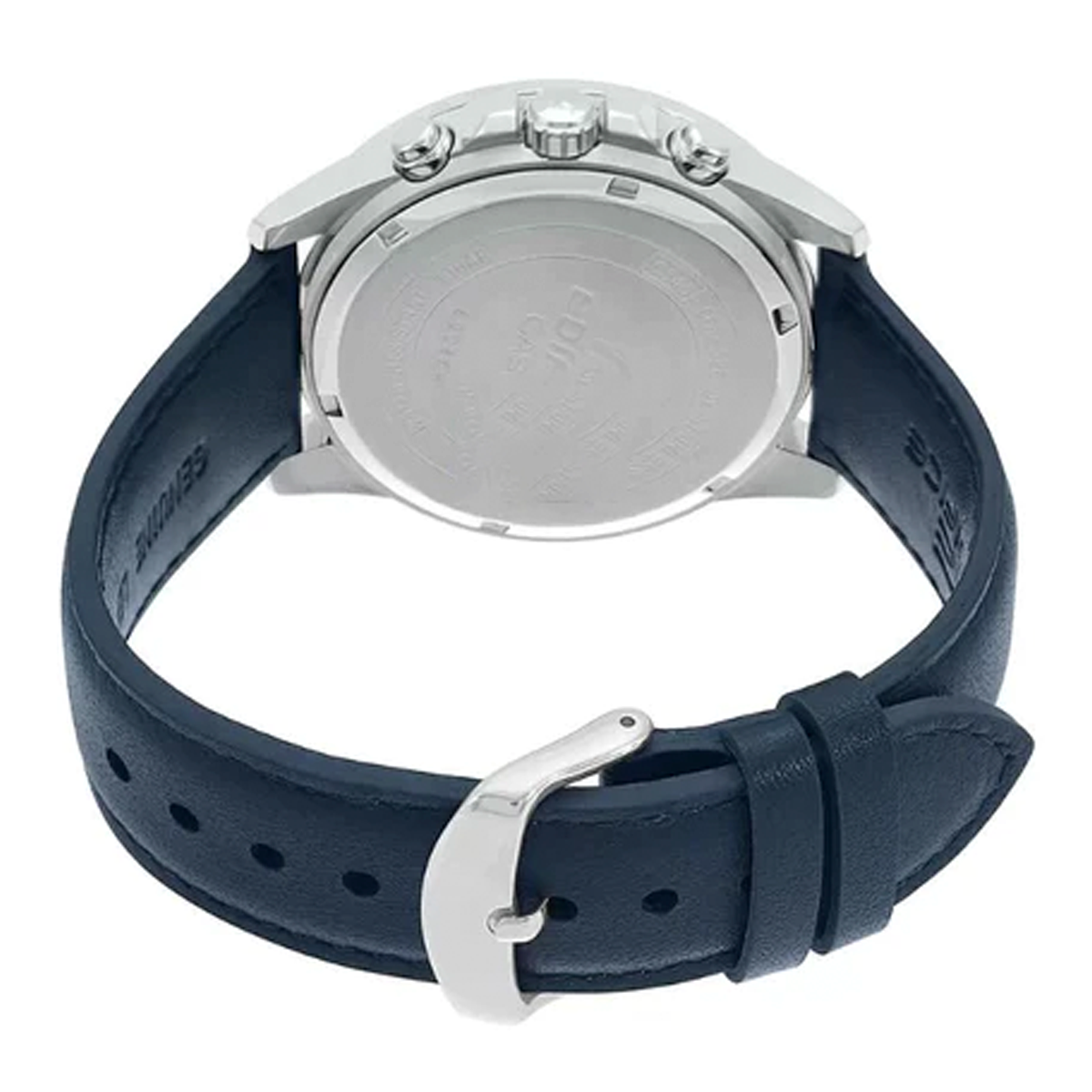 Reloj Casio EFR-526L-2AV con correa de cuero azul, vista posterior del diseño elegante y moderno.
