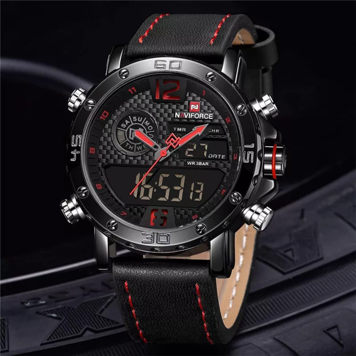 RELOJ NAVIFORCE CUERO NEGRO-ROJO NAV-36