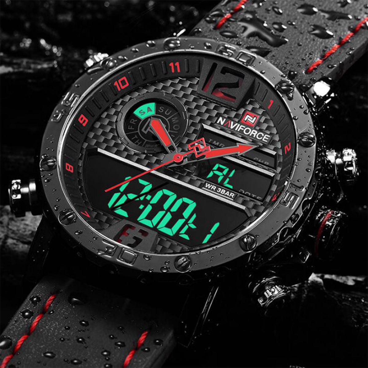 RELOJ NAVIFORCE CUERO NEGRO-ROJO NAV-36