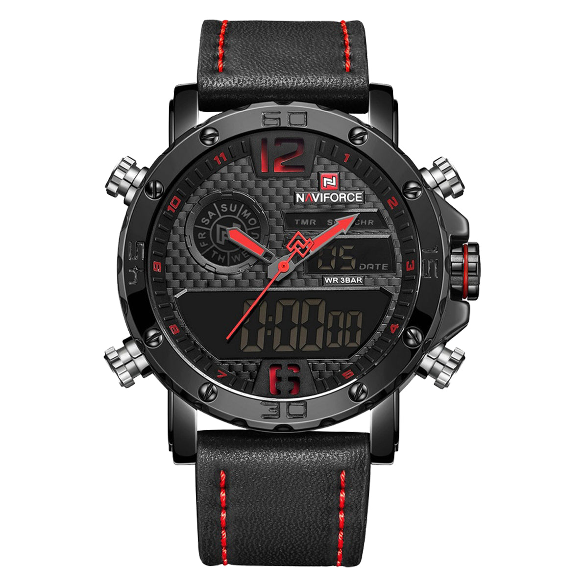 RELOJ NAVIFORCE CUERO NEGRO-ROJO NAV-36