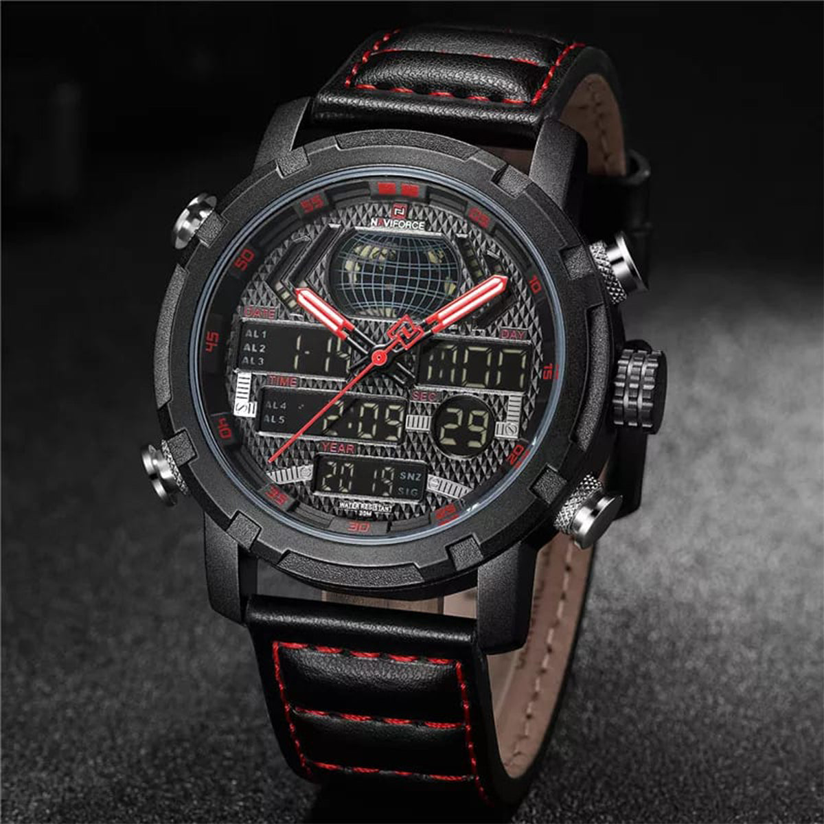 RELOJ NAVIFORCE CUERO NEGRO ROJO NAV-75