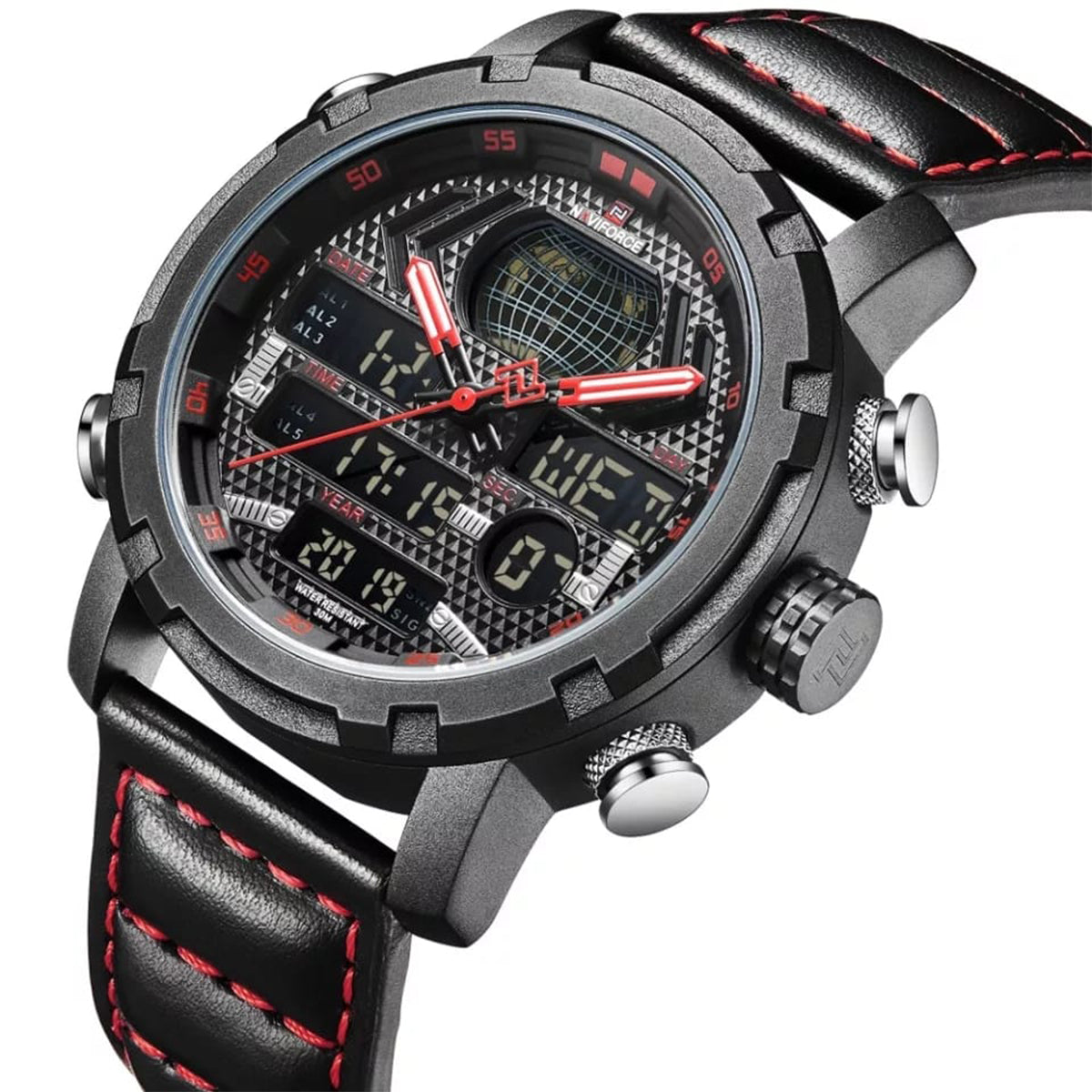 RELOJ NAVIFORCE CUERO NEGRO ROJO NAV-75