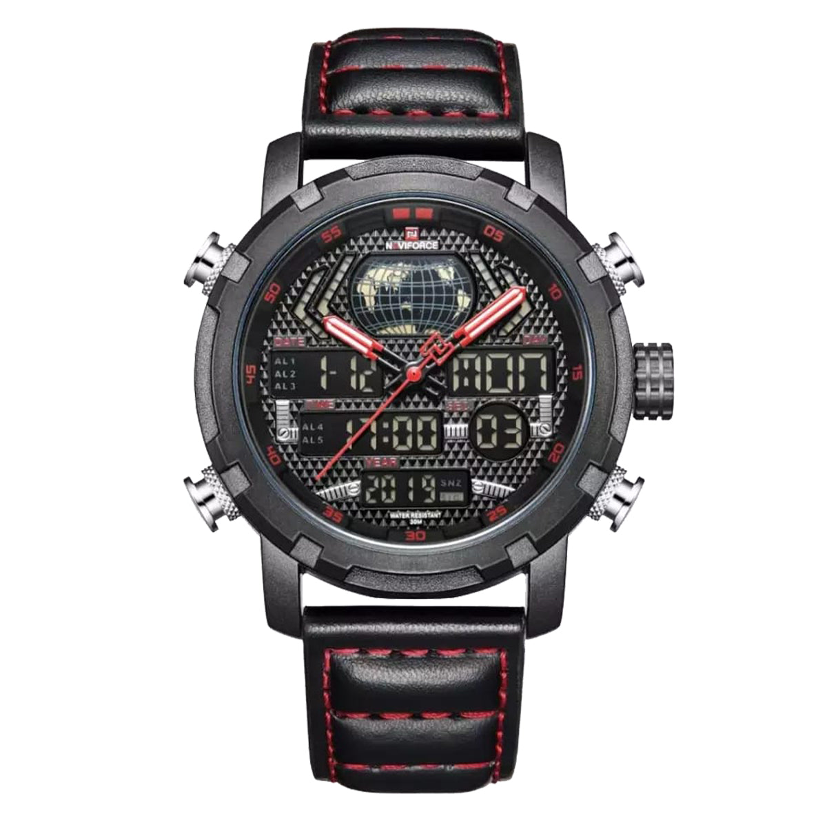 RELOJ NAVIFORCE CUERO NEGRO ROJO NAV-75