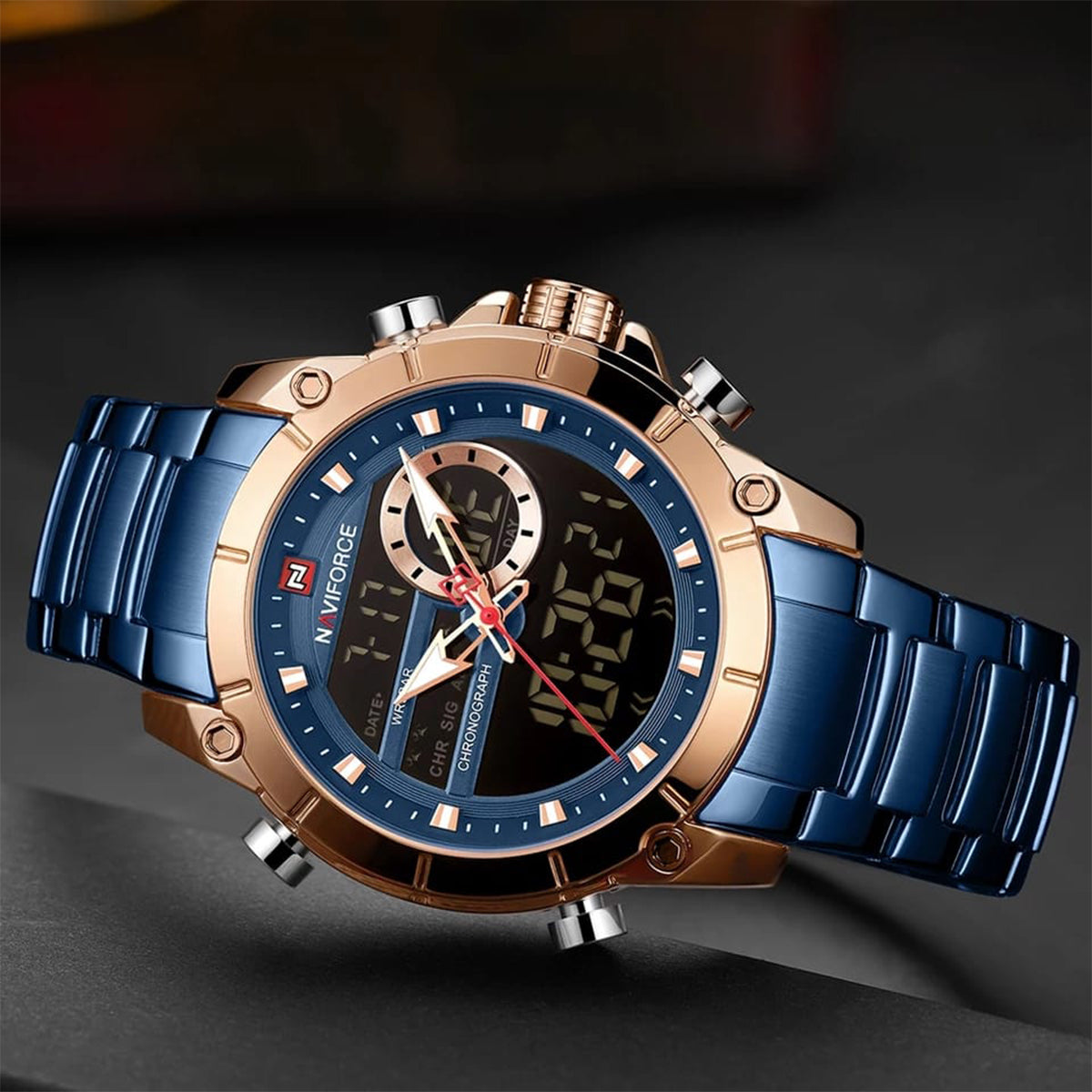 RELOJ NAVIFORCE ACERO AZUL ORO ROSA NAV-79