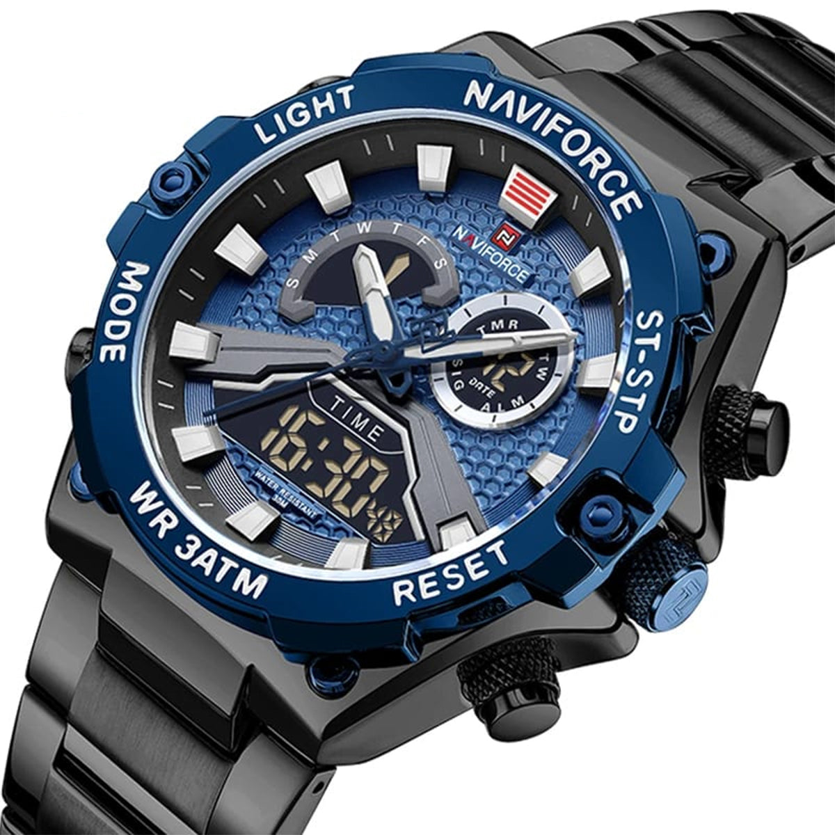 RELOJ NAVIFORCE ACERO NEGRO CON AZUL NAV-91