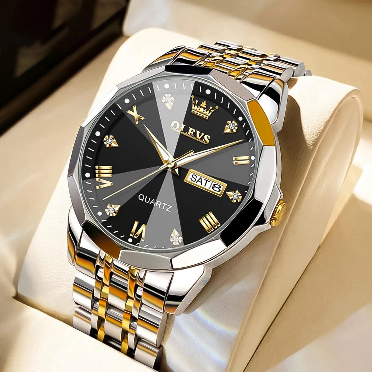 RELOJ OLEVS PLATEADO NEGRO CRISTAL OLV-5