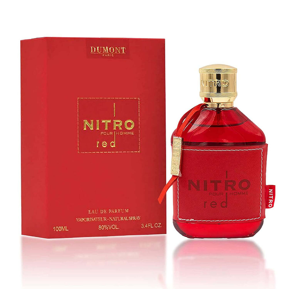 Nitro Red Dumont EDP 100ml, fragancia aromática frutal para hombres, presentada en caja roja.