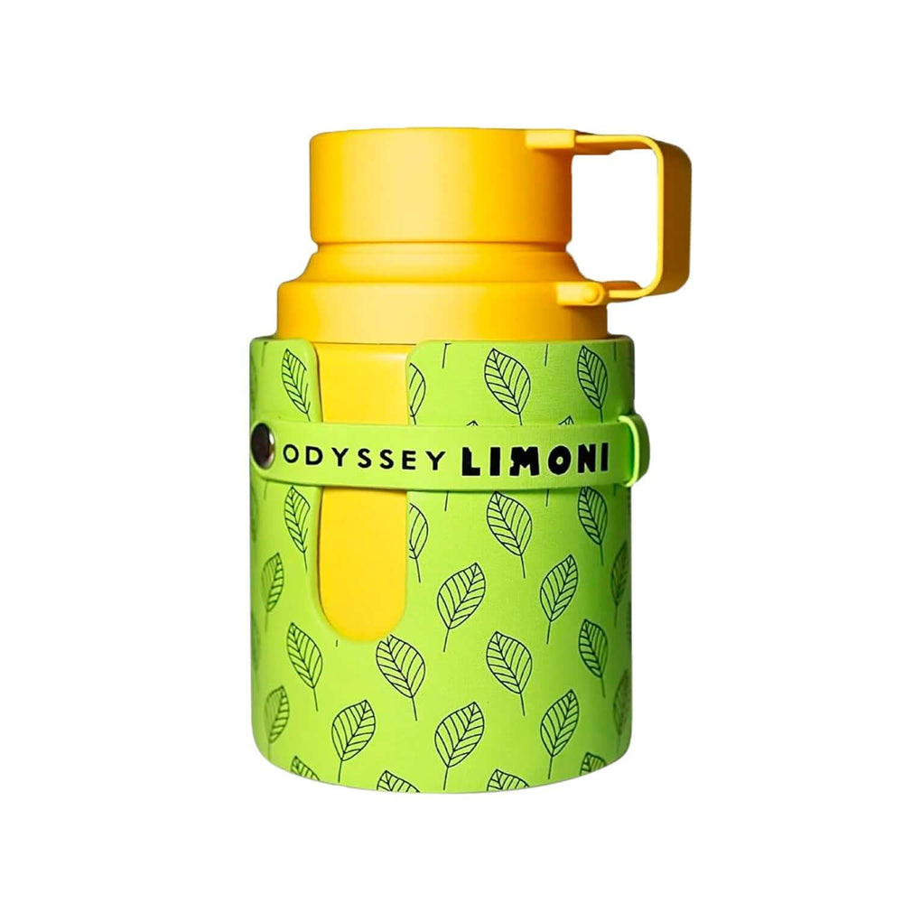 Botella Odyssey Limoni Fresh EDP 100ml con diseño verde y tapa amarilla, fragancia cítrica.