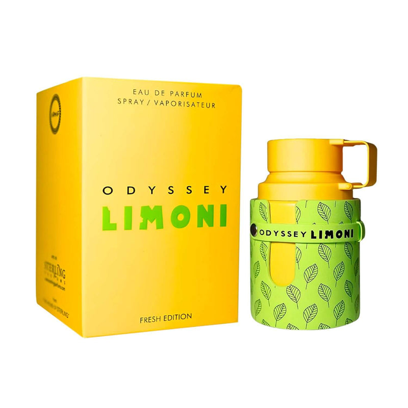 Fragancia Odyssey Limoni Fresh de Armaf en envase amarillo y verde, 100 ml, unisex, cítrica y fresca.