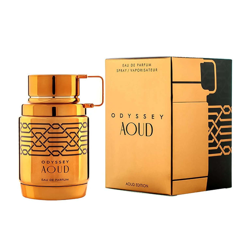 Frasco de perfume Odyssey Aoud de Armaf, Eau de Parfum 100ml para hombres, envase elegante y moderno.