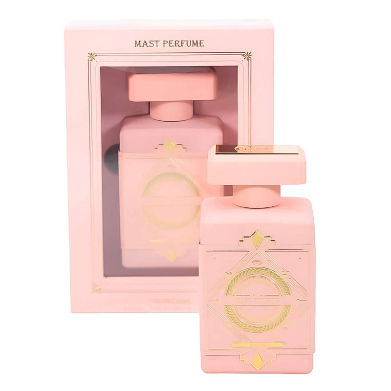 Perfume Mast Velvet Rose de Bharara, frasco rosa de 100ml con caja elegante, fragancia romántica y opulenta.