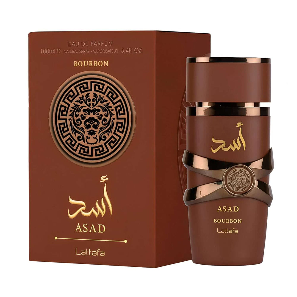 Fragancia Asad Bourbon Lattafa EDP para hombres, 100ml, en su elegante envase con diseño moderno.