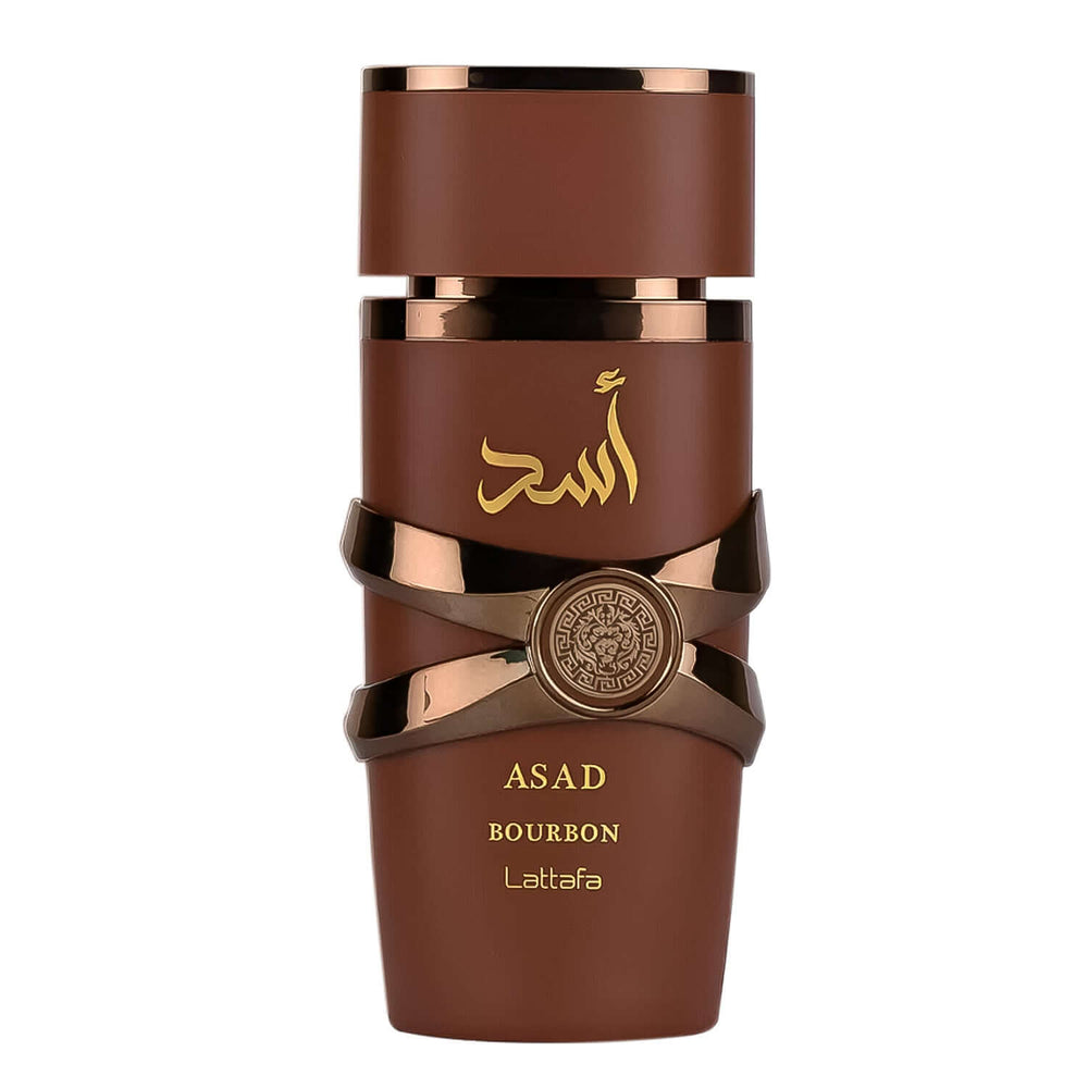 Frasco de 100ml de Asad Bourbon de Lattafa, fragancia oriental especiada para hombres, lanzada en 2025.