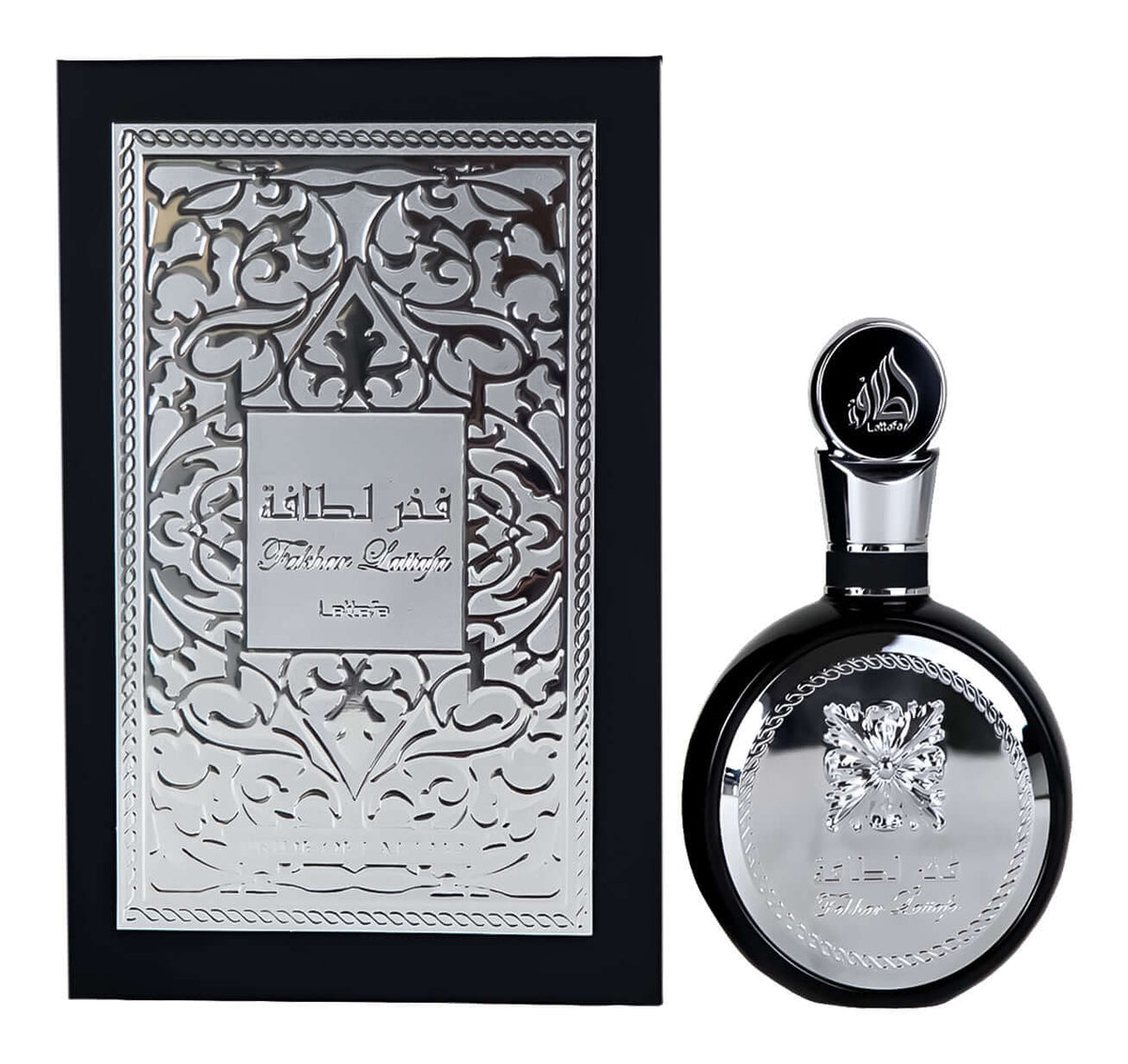 Perfume Fakhar Black de Lattafa 100ml para hombres, presentación elegante con acabado plateado y detalles intrincados.