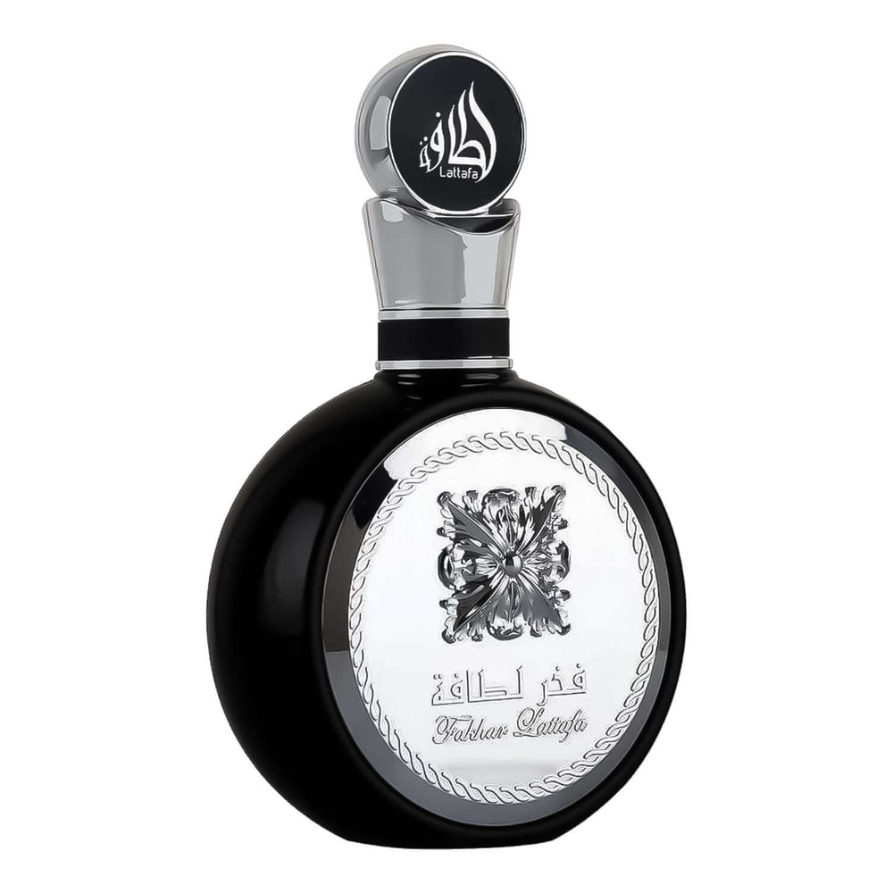 Frasco de fragancia Fakhar Black de Lattafa 100ml para hombres, estilo elegante y sofisticado.