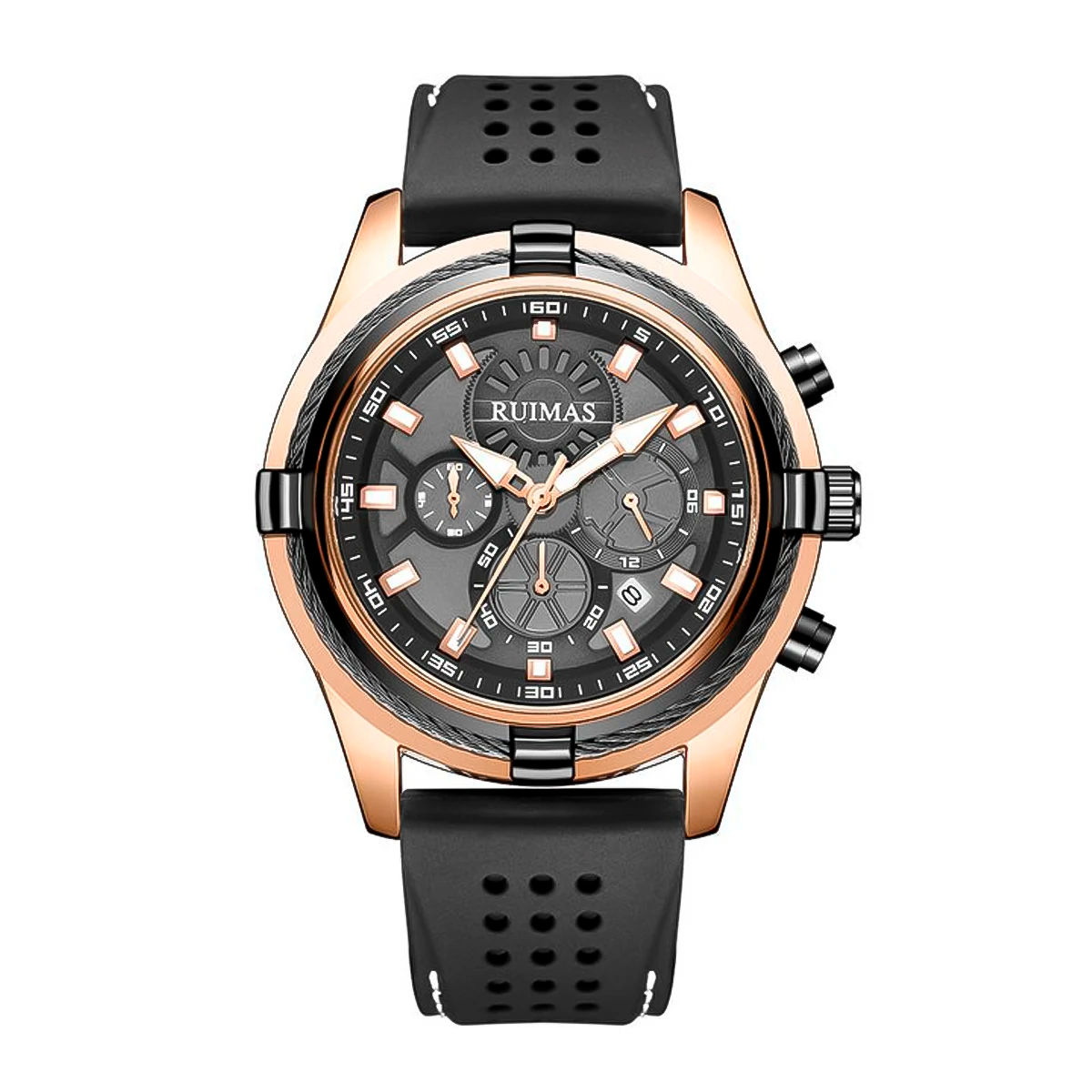 RELOJ RUIMAS NEGRO CON ORO ROSA Y CORREA SILICONA RUI-38