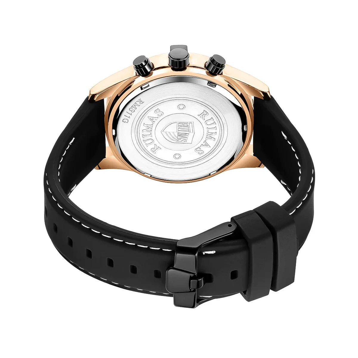 RELOJ RUIMAS NEGRO CON ORO ROSA Y CORREA SILICONA RUI-38