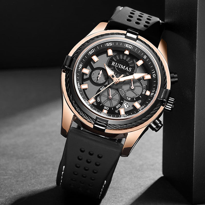 RELOJ RUIMAS NEGRO CON ORO ROSA Y CORREA SILICONA RUI-38