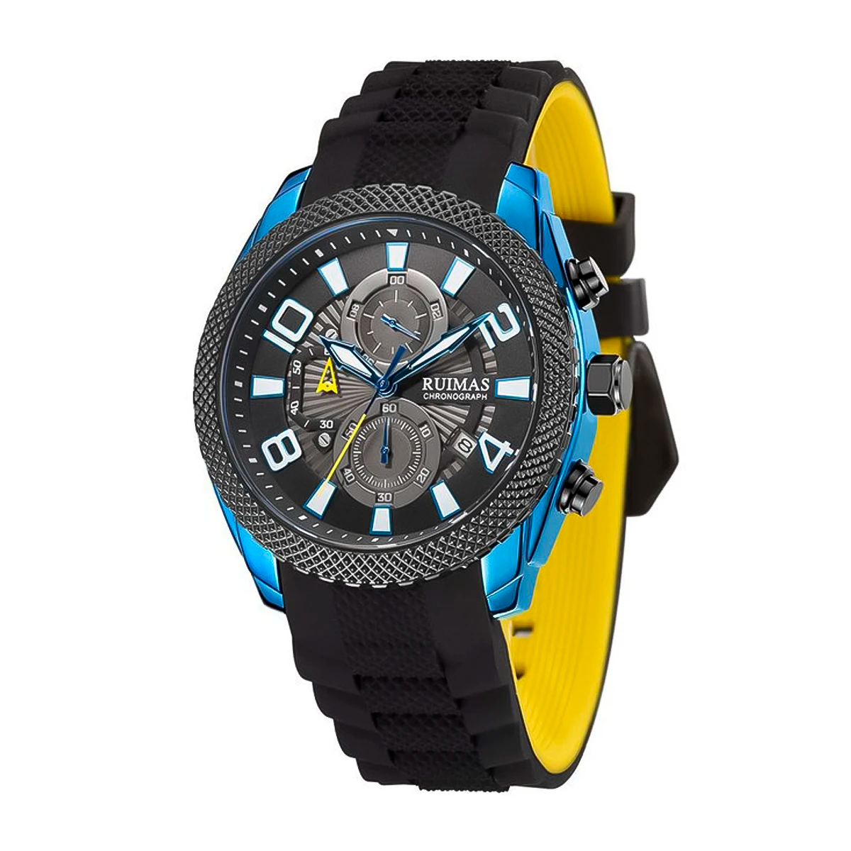 RELOJ RUIMAS ACERO NEGRO CON AZUL Y CORREA SILICONA RUI-42