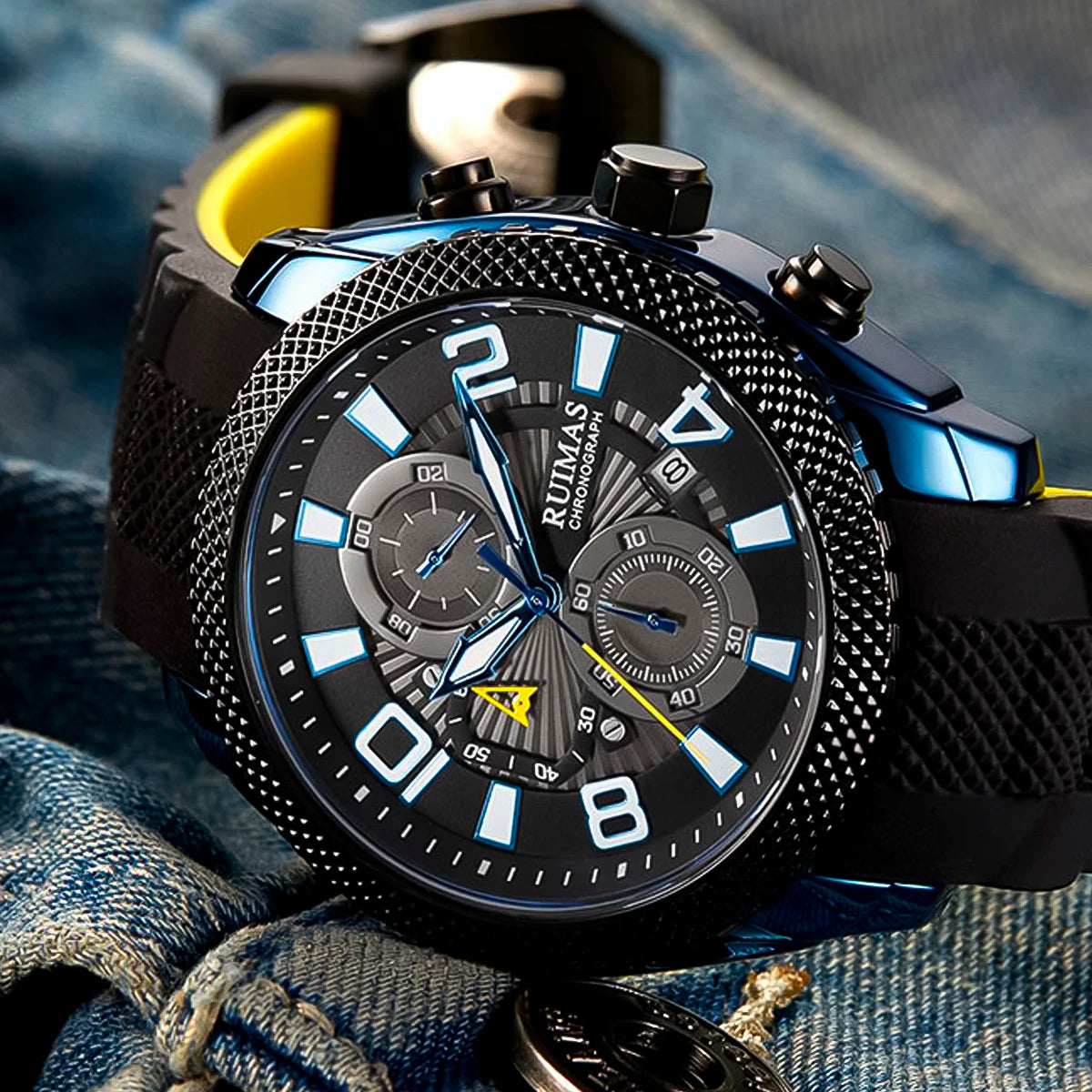 RELOJ RUIMAS ACERO NEGRO CON AZUL Y CORREA SILICONA RUI-42