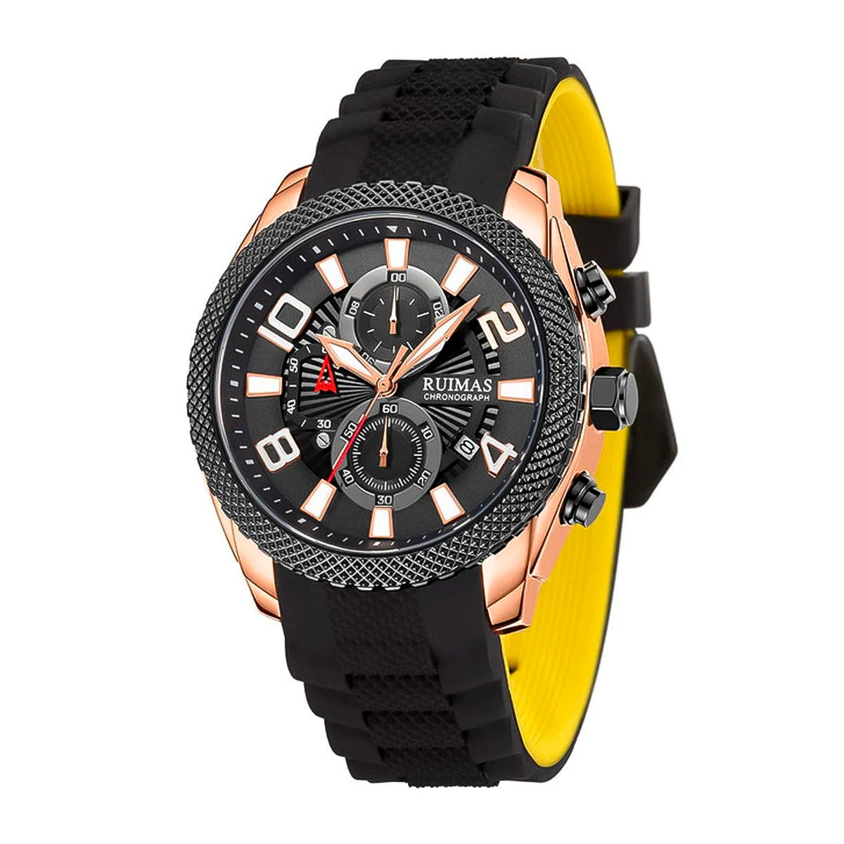 RELOJ RUIMAS ACERO NEGRO CON ORO ROSA Y CORREA SILICONA RUI-43