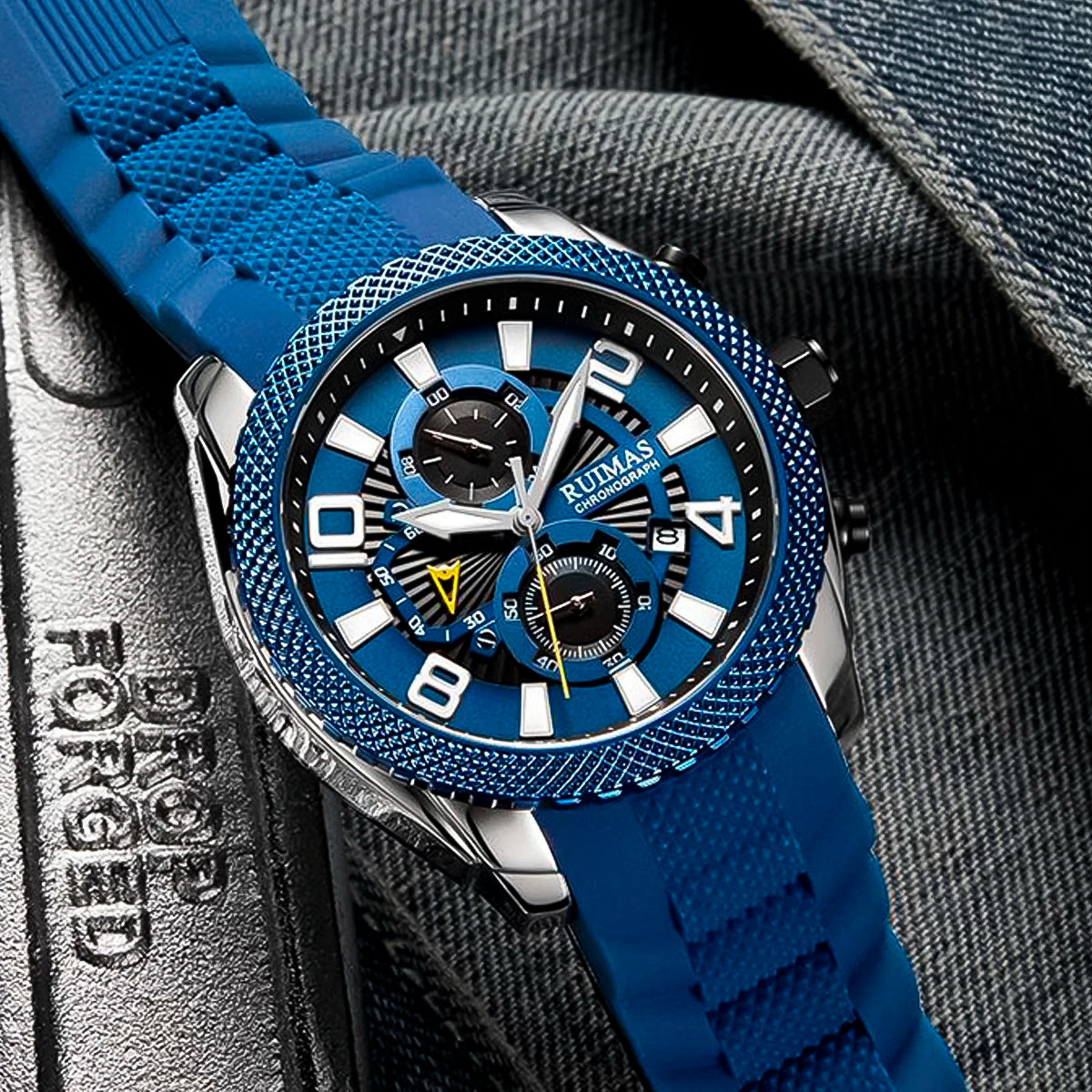 RELOJ RUIMAS ACERO AZUL CON PLATEADO Y CORREA SILICONA RUI-44