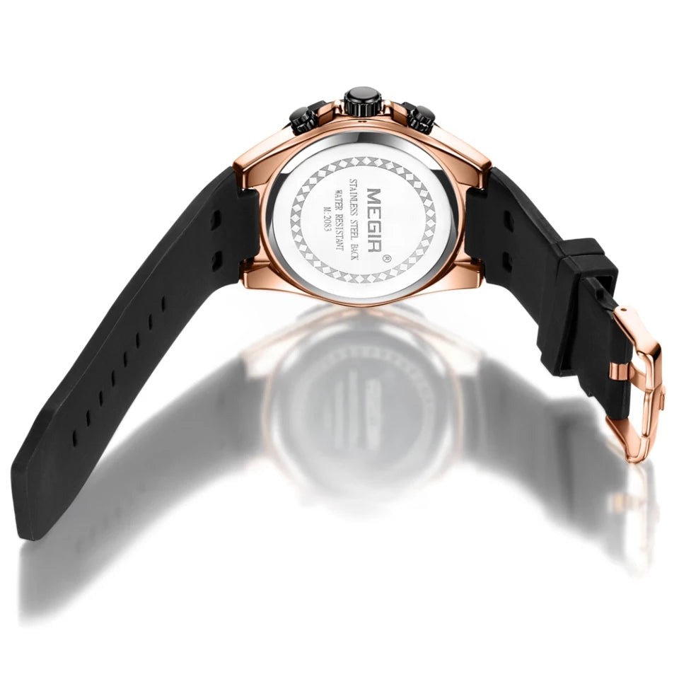 RELOJ MEGIR CORREA SILICONA NEGRO ORO ROSA MEG-8