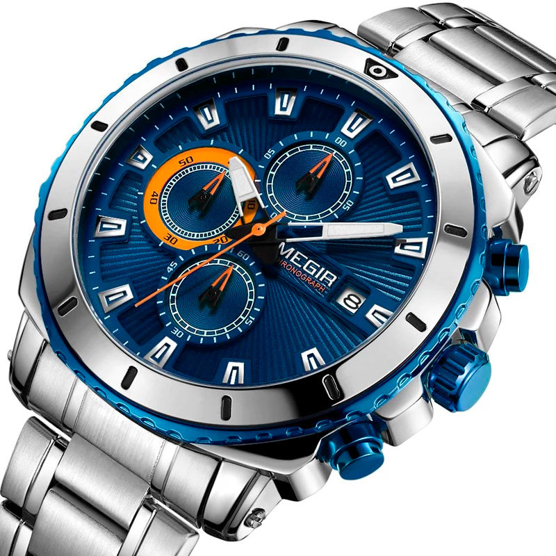 RELOJ MEGIR ACERO PLATA AZUL MEG-53