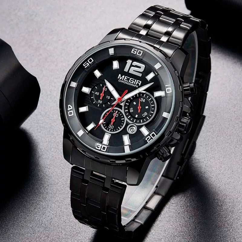 RELOJ MEGIR ACERO PLATA NEGRO MEG-46